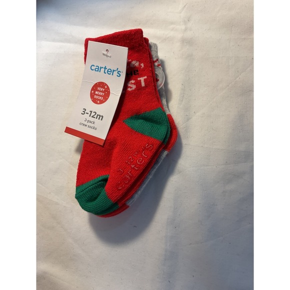Carters 3-12 Months Christmas Socks 2-Pack Red Green Gray Holiday Festive - Picture 1 of 4